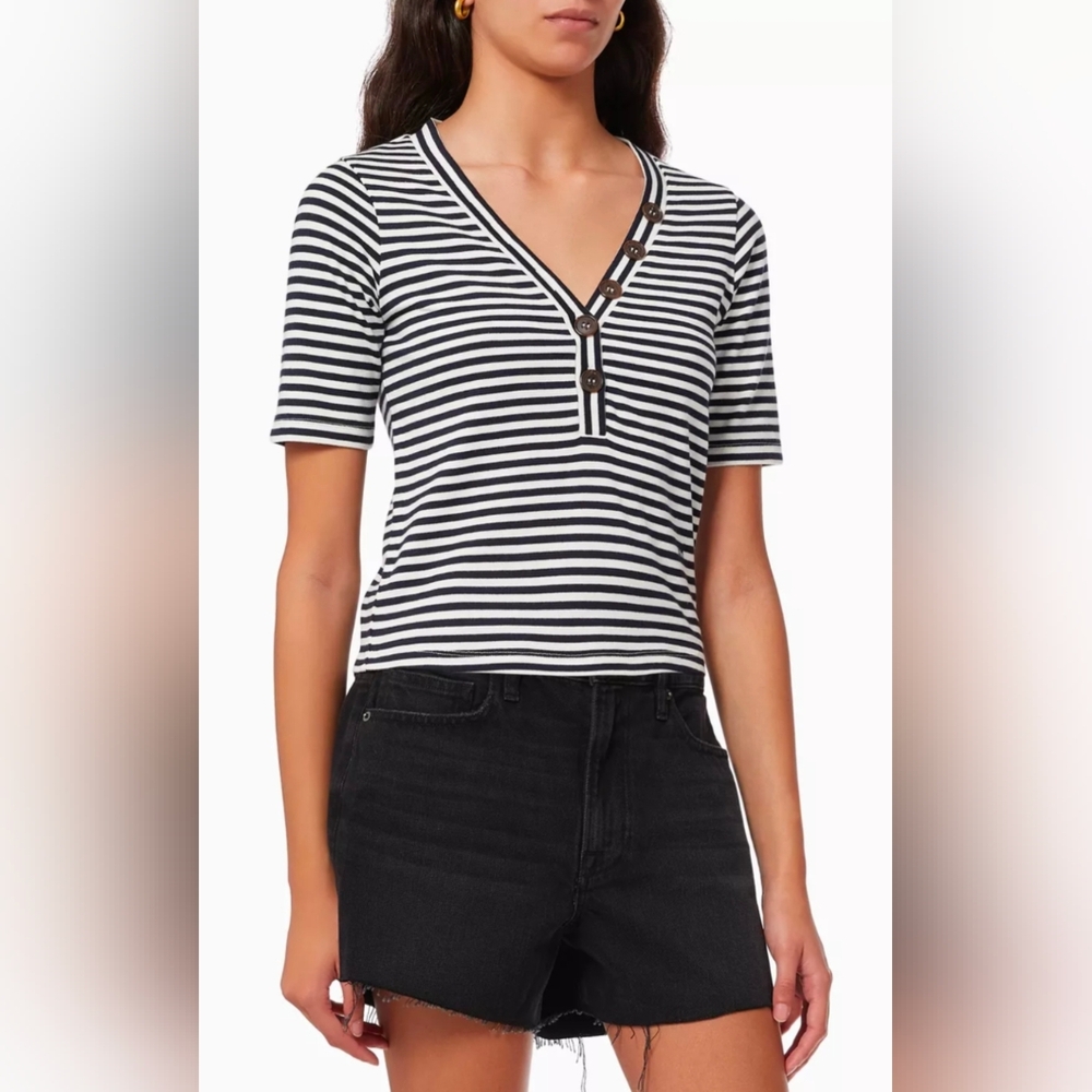 Frame White/Black Stipes Henley V-Neck Top